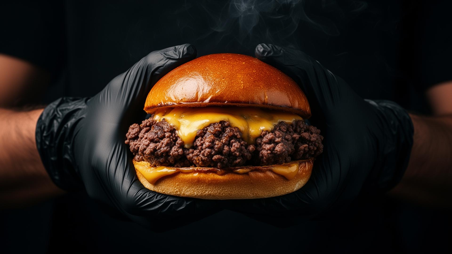 Hands in black gloves holding a premium smashed burger